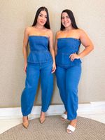 CONJUNTO JEANS CALÇA BALLON E BLUSA PEPLUM CREST