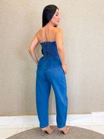 CONJUNTO JEANS CALÇA BALLON E BLUSA PEPLUM CREST