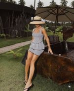 CONJUNTO LISTRADO DE TRICÔ SAIA E BLUSA PEPLUM MARILYS