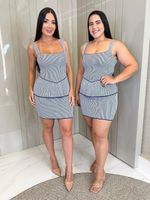 CONJUNTO LISTRADO DE TRICÔ SAIA E BLUSA PEPLUM MARILYS