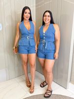 CONJUNTO JEANS SHORT E BLUSA FRENTE ÚNICA ROMAIN