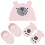 Kit c/ Touca, Luva e Sapatinho para bebê em suedine Ursinha Faces Rosa - Hug