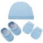 Kit c/ Touca, Luva e Sapatinho para bebe em malha Azul - Pingo Lelê