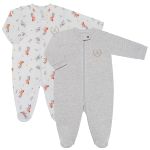 Pack 2 Macacões longos com zíper para bebê em algodão egípcio Coelhinho - Coquelicot