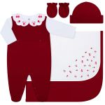 Jogo Maternidade: Jardineira + Body longo golinha + Touca + Par de Luvas + Manta + Vira Manta em suedine Vermelho - Coquelicot