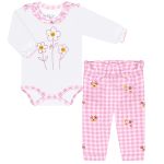 Body longo c/ Calça (mijão) para bebê em suedine Xadrez Rosa - Tilly Baby
