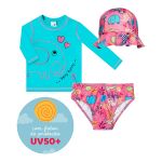 Conjunto de banho Safari Rosa: Camiseta Surfista + Boné + Calcinha - Tip Top