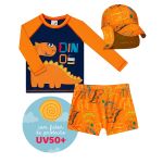 Conjunto de banho Dino Laranja: Camiseta Surfista + Boné + Sunga - Tip Top
