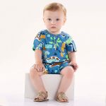 Macacão curto para bebê em meia malha Dino Azul - Up Baby