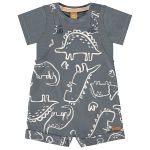 Jardineira c/ Body curto para bebê em moletom Dino Cinza - Up Baby