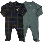 Pack 2 Macacões longos com zíper para bebê em algodão egípcio Xadrez Verde - Coquelicot