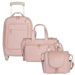 Mala com rodinhas + Bolsa Anne + Frasqueira Térmica Emy Borboletas Rosa - Masterbag