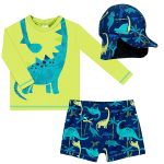 Conjunto de banho Dino Floresta: Camiseta Surfista + Boné + Sunga - Tip Top