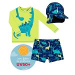 Conjunto de banho Dino Floresta: Camiseta Surfista + Boné + Sunga - Tip Top