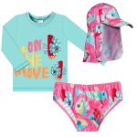 Conjunto de banho Peixes: Camiseta Surfista + Boné + Calcinha - Tip Top