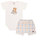Body curto c/ Short em algodão egípcio Ursinho Vintage Xadrez - Mini & Co