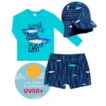 Conjunto de banho Tubarão: Camiseta Surfista + Boné + Sunga - Tip Top