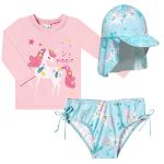 Conjunto de banho Unicórnio Floral: Camiseta Surfista + Boné + Calcinha - Tip Top