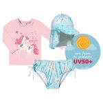 Conjunto de banho Unicórnio Floral: Camiseta Surfista + Boné + Calcinha - Tip Top