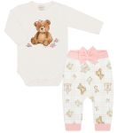 Body longo c/ Calça em algodão egípcio Ursa Rosa Laço - Mini & Co.