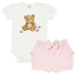 Body curto c/ Short em algodão egípcio Ursa Rosa - Mini & Co.