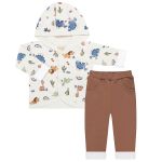 Conjunto Fofinho: Casaco c/ capuz e Calça em algodão egípcio e forro em soft Dinos - Mini & Co.