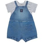 Jardineira c/ Body curto em moletom jeans Listrado Azul - Up Baby