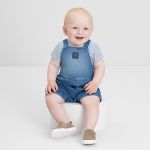 Jardineira c/ Body curto em moletom jeans Listrado Azul - Up Baby