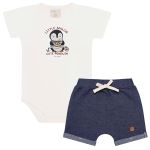 Body curto c/ Short em algodão egípcio Pinguim Navy - Mini & Co.