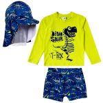 Conjunto de banho Dinos: Camiseta Surfista + Boné + Sunga - Tip Top