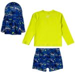 Conjunto de banho Dinos: Camiseta Surfista + Boné + Sunga - Tip Top