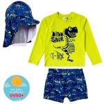 Conjunto de banho Dinos: Camiseta Surfista + Boné + Sunga - Tip Top