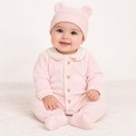 Macacão Longo com Touca em Algodão Egípcio Ursa Rosa - Coquelicot