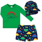 Conjunto de banho Dinossaurinhos: Camiseta Surfista + Boné + Sunga - Tip Top