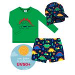 Conjunto de banho Dinossaurinhos: Camiseta Surfista + Boné + Sunga - Tip Top