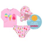 Conjunto de banho Sorvete Rosa: Camiseta Surfista + Boné + Calcinha - Tip Top