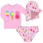 Conjunto de banho Sorvete Rosa: Camiseta Surfista + Boné + Calcinha - Tip Top