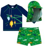 Conjunto de banho Tubarões: Camiseta Surfista + Boné + Sunga - Tip Top