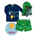 Conjunto de banho Tubarões: Camiseta Surfista + Boné + Sunga - Tip Top