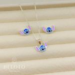 CONJUNTO INFANTIL COLAR + BRINCO STITCH  BANHADO EM PRATA 925