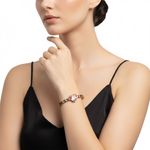 BRACELETE RIVIERA CRAVEJADO COM ZIRCÔNIAS COLORIDAS E CORAÇÃO ROSA BANHADO EM OURO 18K 