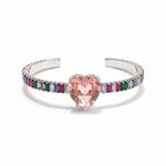 BRACELETE RIVIERA CRAVEJADO COM ZIRCONIAS COLORIDAS E CORAÇÃO ROSA - BANHADO EM PRATA 925