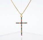 COLAR CRUZ CRAVEJADA COM ZIRCONIAS COLORS - BANHADO EM OURO 18K