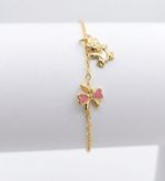 PULSEIRA INFANTIL REGULAVEL URSO E LAÇO ROSA COM RESINA BANHADA EM OURO 18K