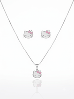 CONJUNTO INFANTIL COLAR + BRINCO HELLO KITTY -  BANHADO A PRATA 925