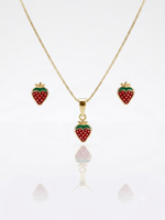 CONJUNTO INFANTIL MORANGUINHO COLAR + BRINCO BANHADO A OURO 18K