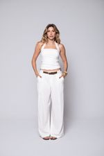 Calça Ampla com Pregas de Linho Off White 