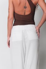 Calça Ampla com Pregas de Linho Off White 
