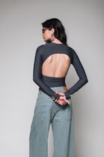 Body Manga Longa Costas Abertas Cinza 