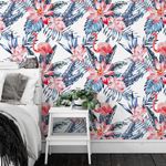 Papel de Parede Tropical Folhas Flores Flamingo